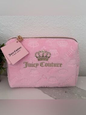 Juicy Couture Pink Plush Cosmetic Bag with Gold Logo